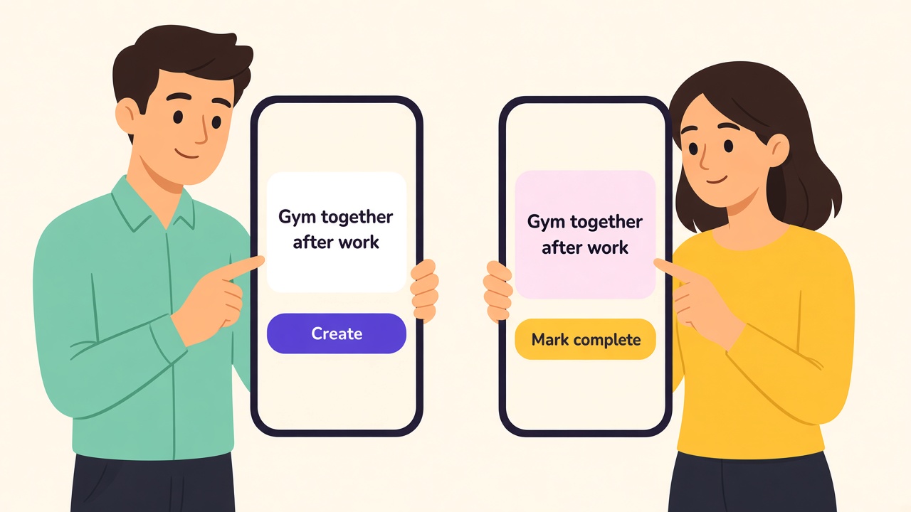 A husband creates the reminder Gym together after work. His wife, beside him, follows up on the same reminder and marks it complete.