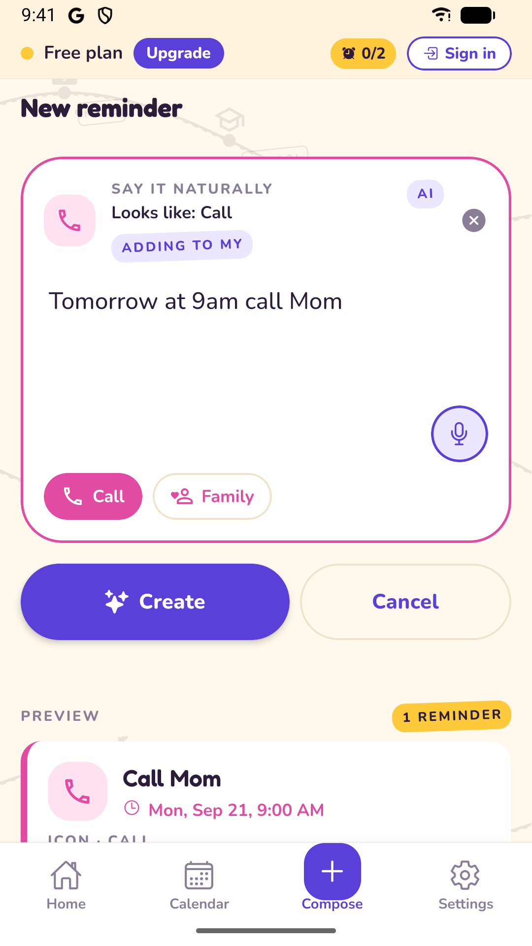 Knotific compose screen: type a reminder in plain English and preview the schedule